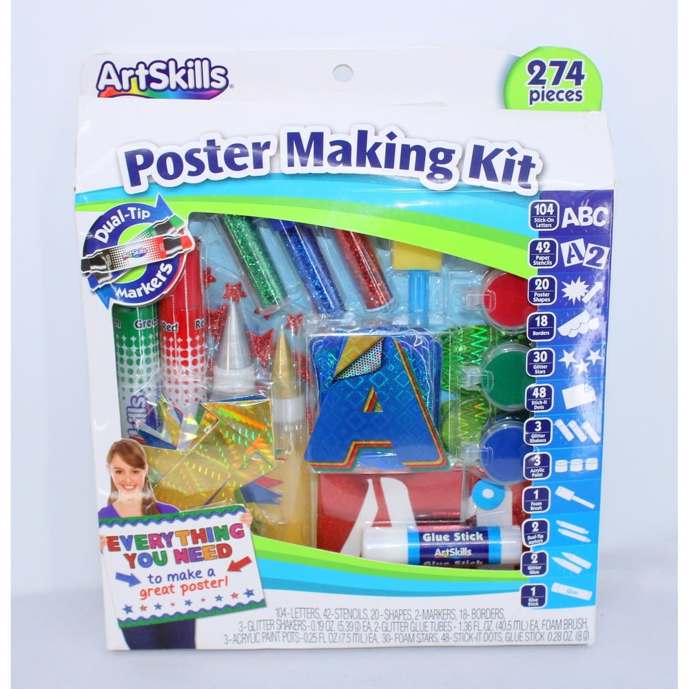 ArtSkills 274 Piece Poster Making Kit Markers Stencils Paint Glitter Glue New